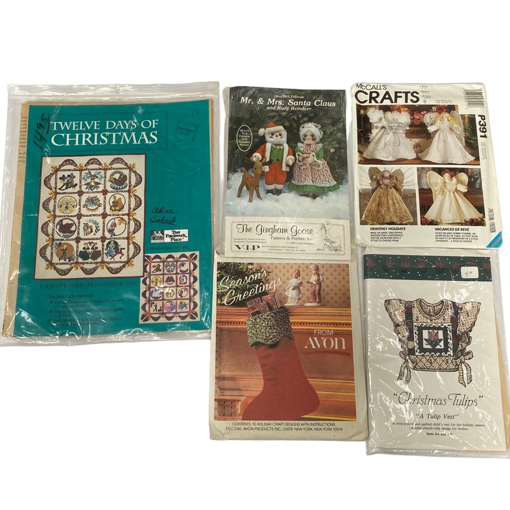 Lot of 5 Christmas Craft Sewing Patterns Stocking 12 Days Angel Topper Claus